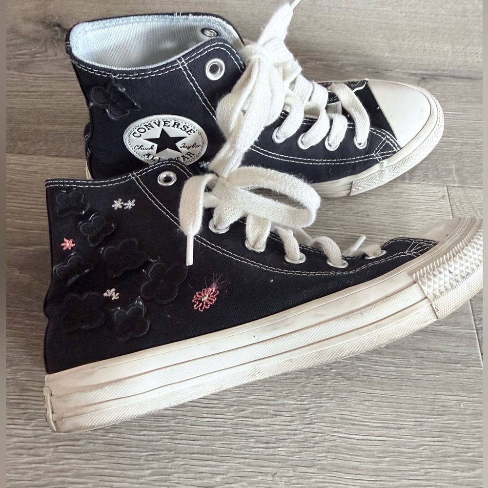 Converse Black High Top Sneakers with Floral Accents